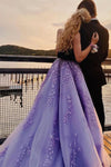 Lavender Applique Tulle Long Evening Dress Formal Gown with Sweep Train Prom Dress