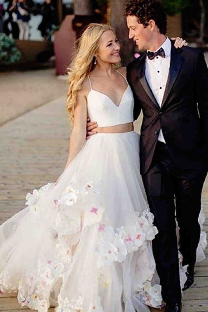 Stylish A-Line Two Piece Spaghetti  Tulle Long Prom/Wedding dress with Flowers,N571