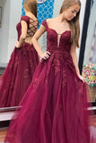 Burgundy Lace Appliques A Line Tulle Formal Evening Dress Long Prom Dress