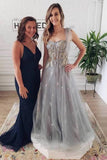 Grey Tulle A-line Elegant Lace-Up Back Sweetheart Long Prom Dress