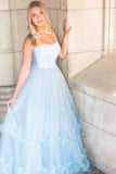 A Line Princess Tulle Formal Evening Dress Sky Blue Long Prom Dress