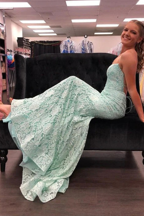 Lace Spaghetti Straps Mint Green Evening Dress Mermaid Long Prom Dress