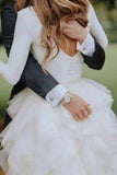 A-Line Ivory Sweep Train Tulle Long Sleeves Beach Wedding Dress with Ruffles N1232