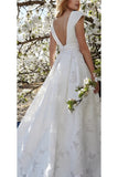 Elegant V Neck Short Sleeves Lace Floral Wedding Dress N1788