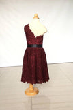 A Line One-shoulder Burgundy Lace Dress for Girls and Baby, Flower Girl Dress with Sash F031