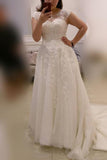 A-line Plus Size Ivory Cap Sleeves Sweep Train Lace Appliques Tulle Wedding Dress,N447