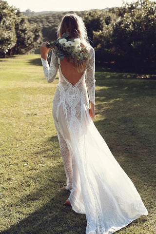 Ivory Long Sleeve Backless Lace Wedding Dress, Boho Beach Wedding Dress N1267