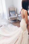 Vintage Mermaid Wedding Dress, V Neck Backless Tulle Bridal Dress With Train N1332