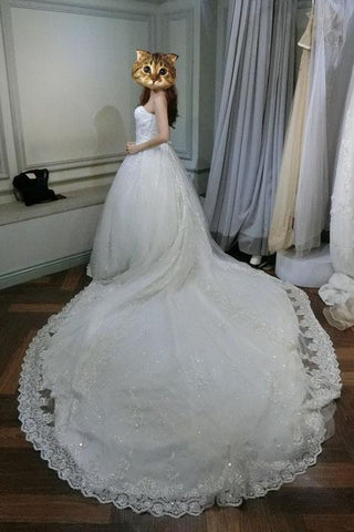 White Sweetheart Ball Gown Beading Lace Appliques Court Train Wedding Dress,N438