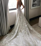 Deep V neck Lace Wedding Dress,Spaghetti Straps Beach Wedding Dress N74