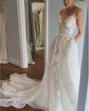 Spaghetti Strap V Neck Beach Wedding Dress with Court Train Tulle Bridal Dress with Lace N1586