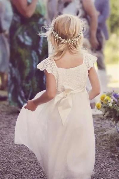 Glamorous Lace & Tulle Square Neckline Cap Sleeve A-line Flower Girl Dress F073