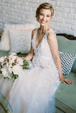 Floor Length V Neck Lace Applique Beach Wedding Dress, Puffy Tulle Wedding Gown N1637