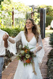 Unique Boho V Neck Beach Wedding Dress With Long Sleeves Lace Wedding Dress N1830