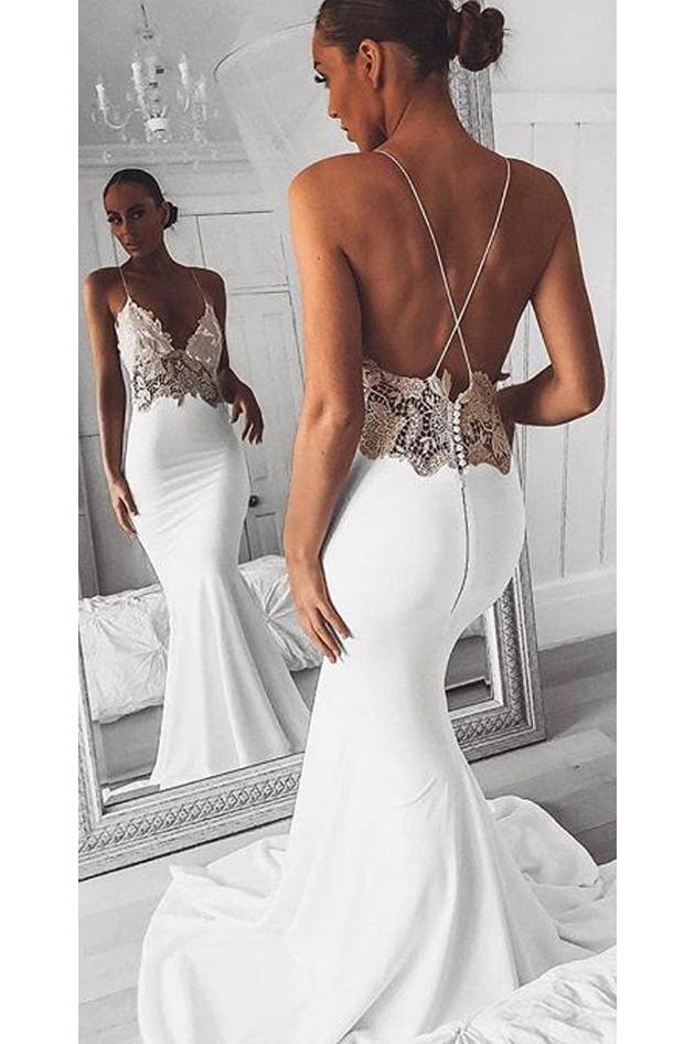 Sexy Spaghetti Straps Mermaid Beach Wedding Dress Long Prom Dress with Lace N1789