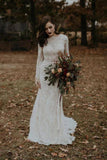 Vintage Long Sleeves Lace Wedding Dress Backless Rustic Lace Wedding Dress N2262