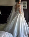Romantic Illusion Back Lace Wedding Dress With Satin Skirt With Long Sleeves N1469