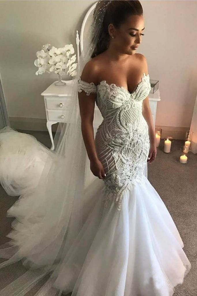 Vintage Off the Shoulder Mermaid Wedding Dress With Appliques Tulle Br ...
