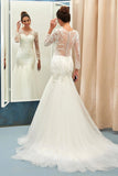 Ivory Sweep Train Applique Tulle Long Sleeves Wedding Dresses, Elegant Bridal Dress N849