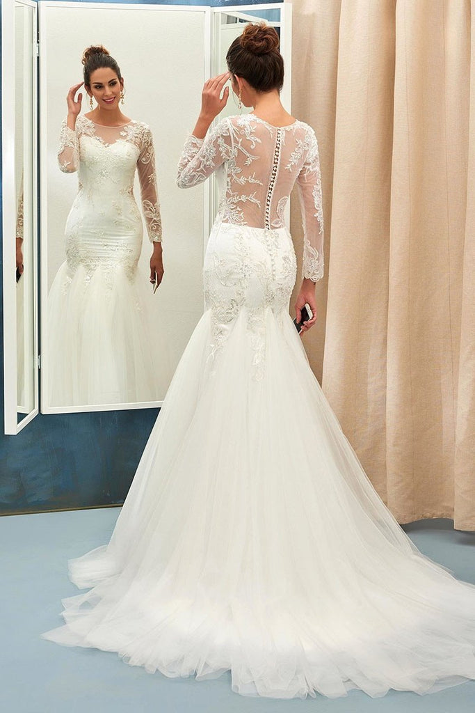 Ivory Sweep Train Applique Tulle Long Sleeves Wedding Dress Elegant Bridal Dress N849
