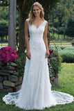 Vintage V Neck Sleeveless Tulle Lace Appliqued Wedding Dress, Long Bridal Dresses N1321