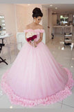 Pink Ball Gown Princess Off-shoulder Hand-Made Flower Wedding Dress,Quinceanera Dresses,N479