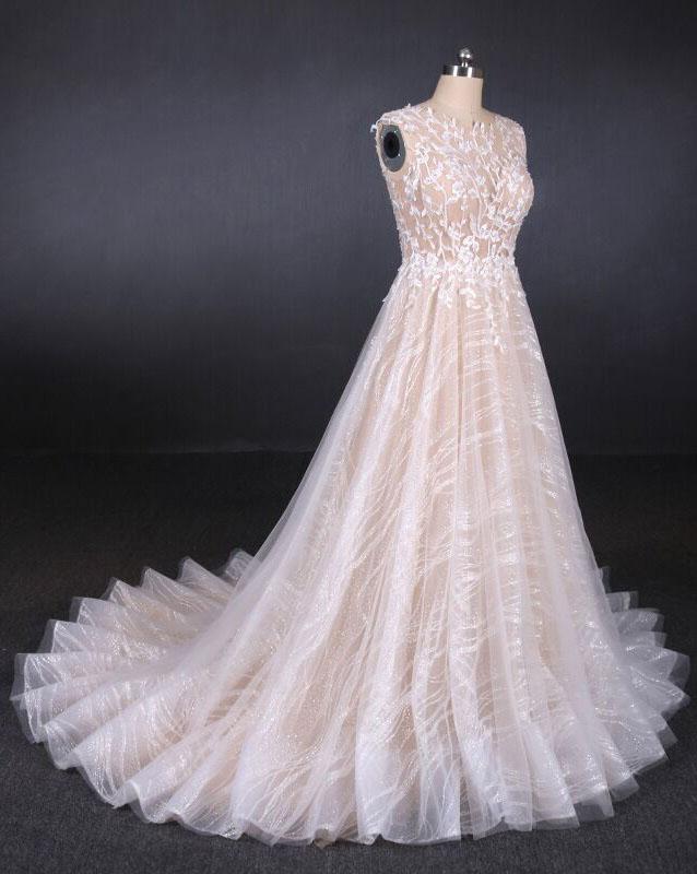 Puffy Sleeveless Lace Wedding Dress Elegant A Line Backless Bridal Dress N2296