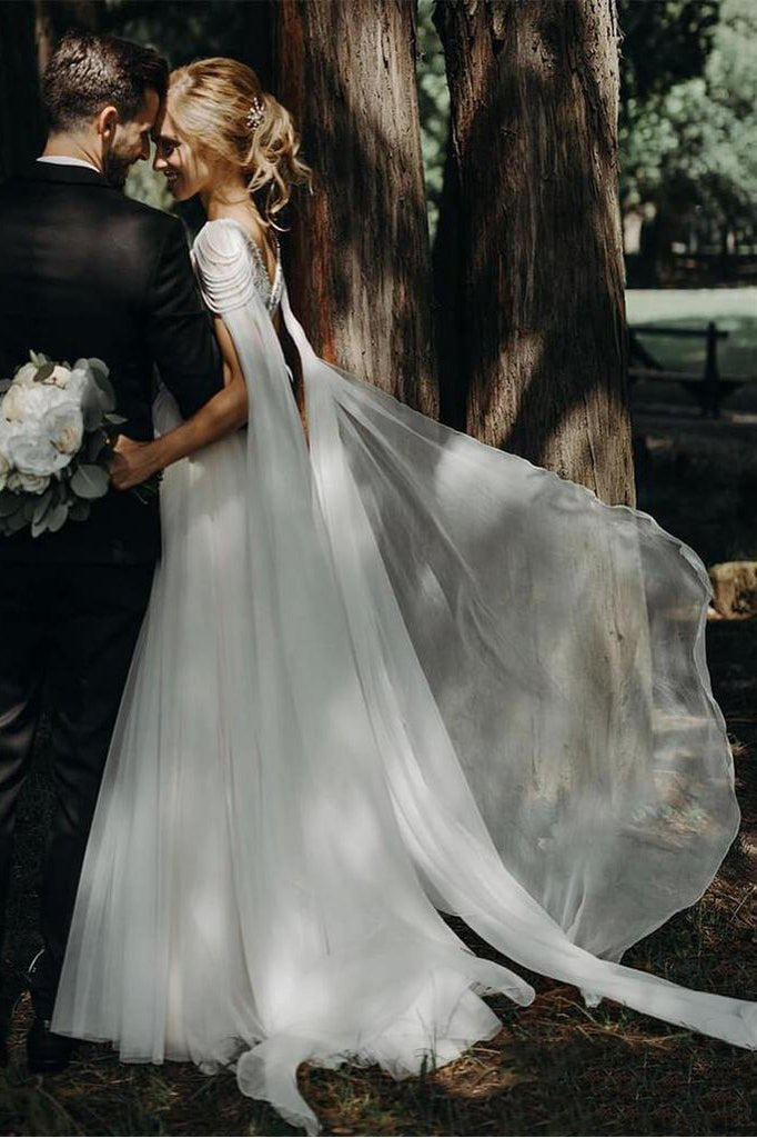 A Line Beaded Chiffon Cap Sleeves Boho Beach Wedding Dress With Pearls N2066