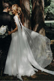 A Line Beaded Chiffon Cap Sleeves Boho Beach Wedding Dress With Pearls N2066