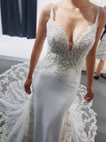 Straps Mermaid Sleeveless Wedding Dress With Lace Appliques, Beach Wedding Dress With Lace N2358