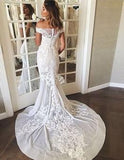 Sexy Mermaid White Off-the-shoulder Sheer Lace Appliques Court Train Beach Wedding Dress N496