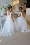 Long Tulle Flower Girl Dress with Pearls, Puffy Custom Made Kids Dress with Flowers F044
