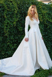 New Elegant Satin Wedding Dress V Neck Long Sleeves Bridal Gowns Bridal Dress N1829