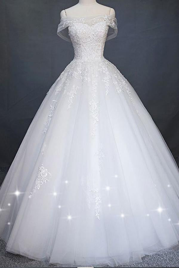 White Princess Off Shoulder Tulle Wedding Dress, Floor Length Appliqued Bridal Dress