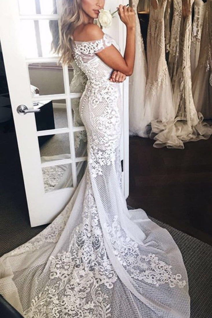 Sexy Mermaid White Off-the-shoulder Sheer Lace Appliques Court Train Beach Wedding Dress,N496