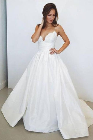 Spaghetti Straps White V Neck Sleeveless Satin Bridal Dress,Beach Wedding Gown,N491