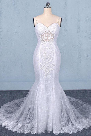 Spaghetti Straps Mermaid Bridal Dress with Appliques, Lace Beach Wedding Dresses N2295