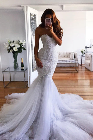 White Mermaid Sweetheart Sweep Train Tulle Lace Appliqued Wedding Dresses N1435
