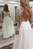A Line V Neck Floor Length Long Sleeves Beach Wedding Dress With Lace Appliques N2420