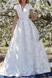 Elegant V Neck Wedding Dress with Short Sleeves, Lace Floral Wedding Dresses N1788