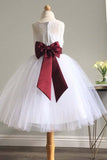 White Long Tulle Flower Girl Dress with Burgundy Sash, Puffy Sleeveless Dress With Bowknot F053