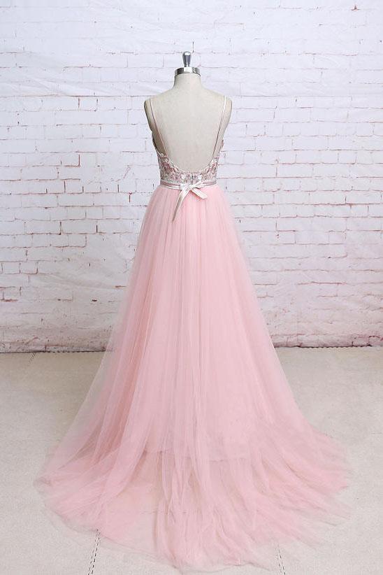 Spaghetti Straps Pink Lace Flora Tulle Sweetheart Backless Wedding Dress Prom Dress N820