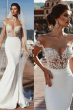 Mermaid Short Sleeves Sheer Neck Long Wedding Dress, Long Lace Appliques Bridal Dress N2241