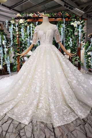 Gorgeous Lace Wedding Dress With Half Sleeves Ball Gown Long Wedding Dress N1625