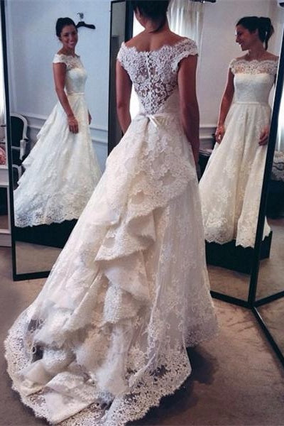 Modest Ivory Cap Sleeves Lace Long Wedding Dresses,Wedding Gowns - Bohogown